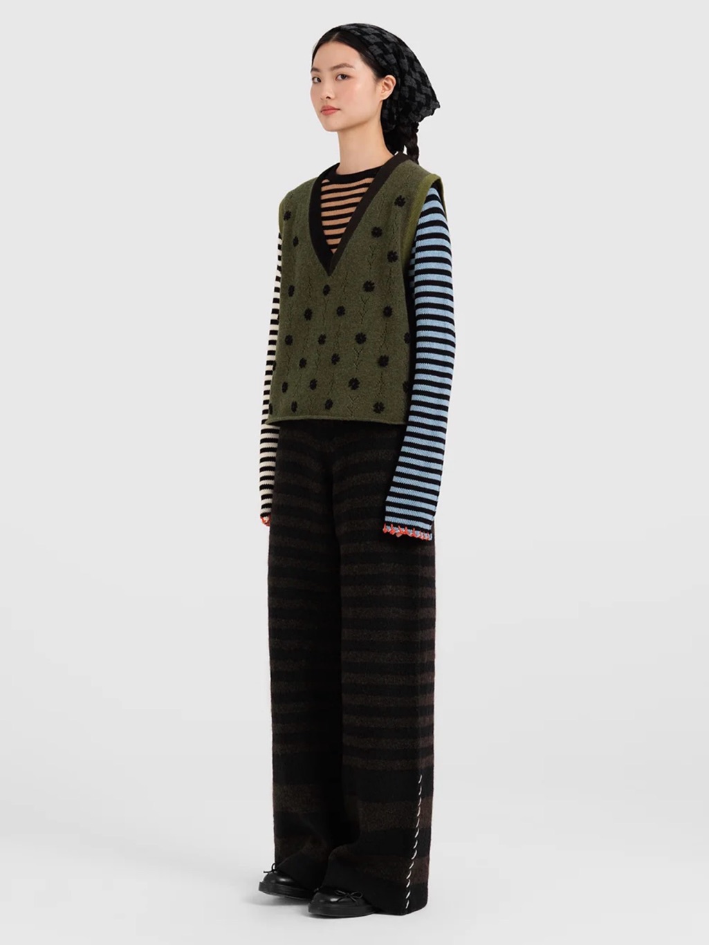 Yan Yan Striped Wide-Leg Knit Pants - Black & Dark Gray — image 2 of 7